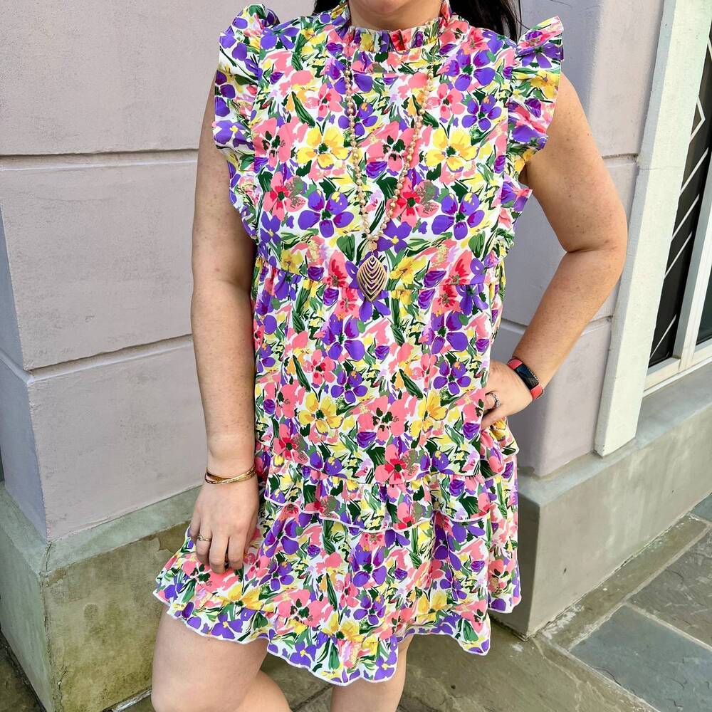 NEW JODIFL floral print frill neckline baby doll dress in white multi